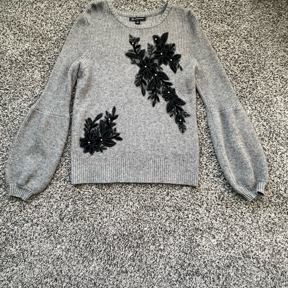 INC International Concepts Gray Sweater with Black Leaf Design